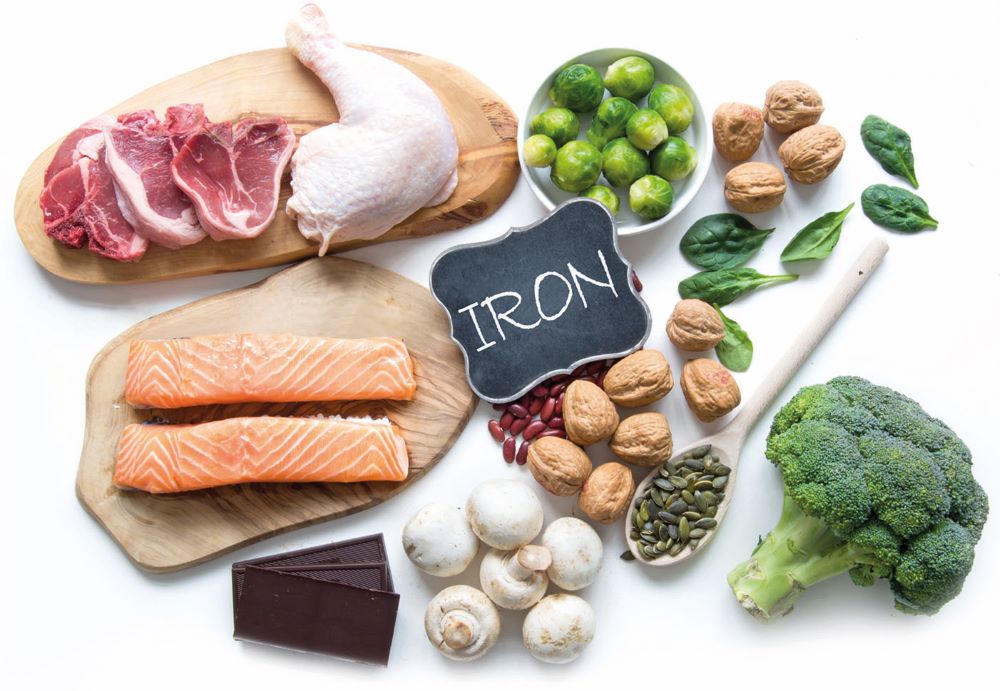 iron-rich foods including meat, vegetables, mushrooms, broccoli