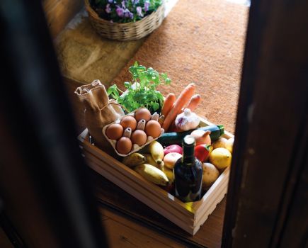 fitness food meal delivery service at front door containing vegetables and eggs