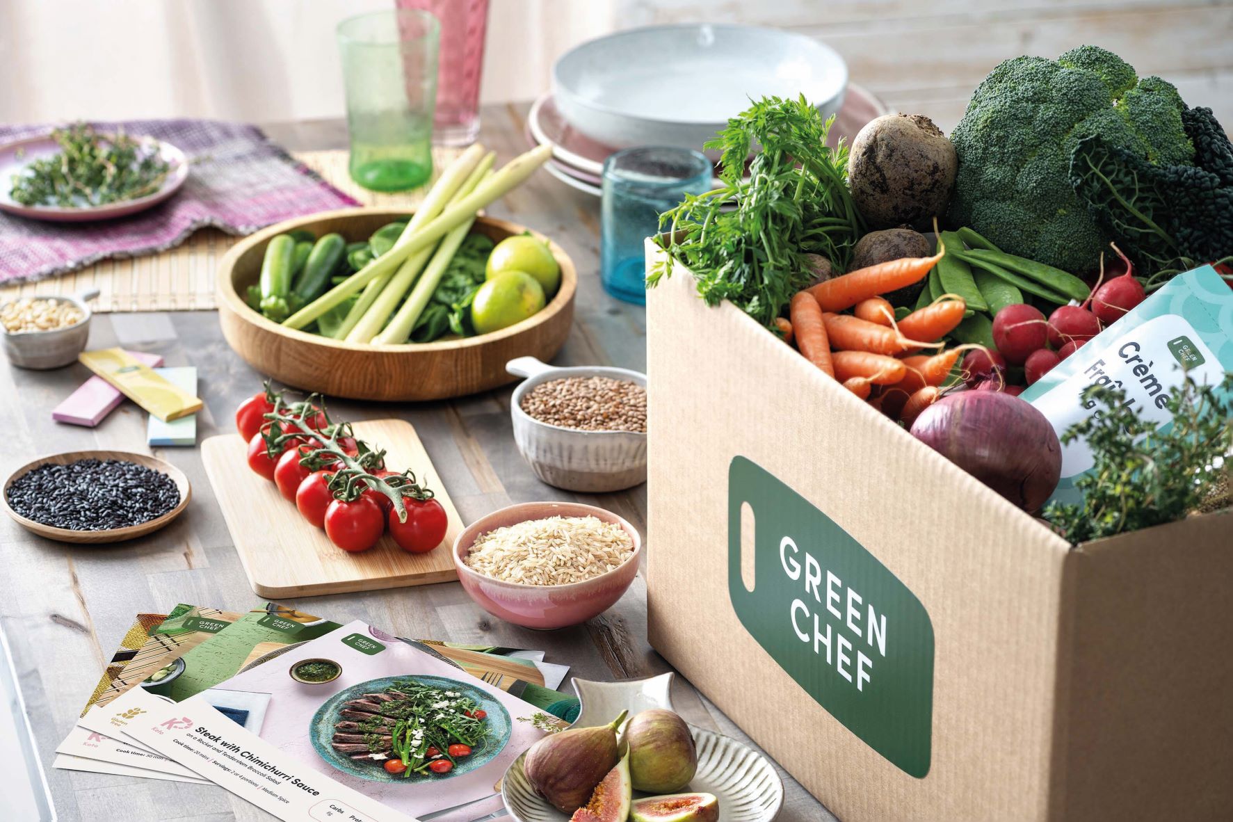 carboard box with vegetables and healthy foods in from green chef fitness food meal delivery service