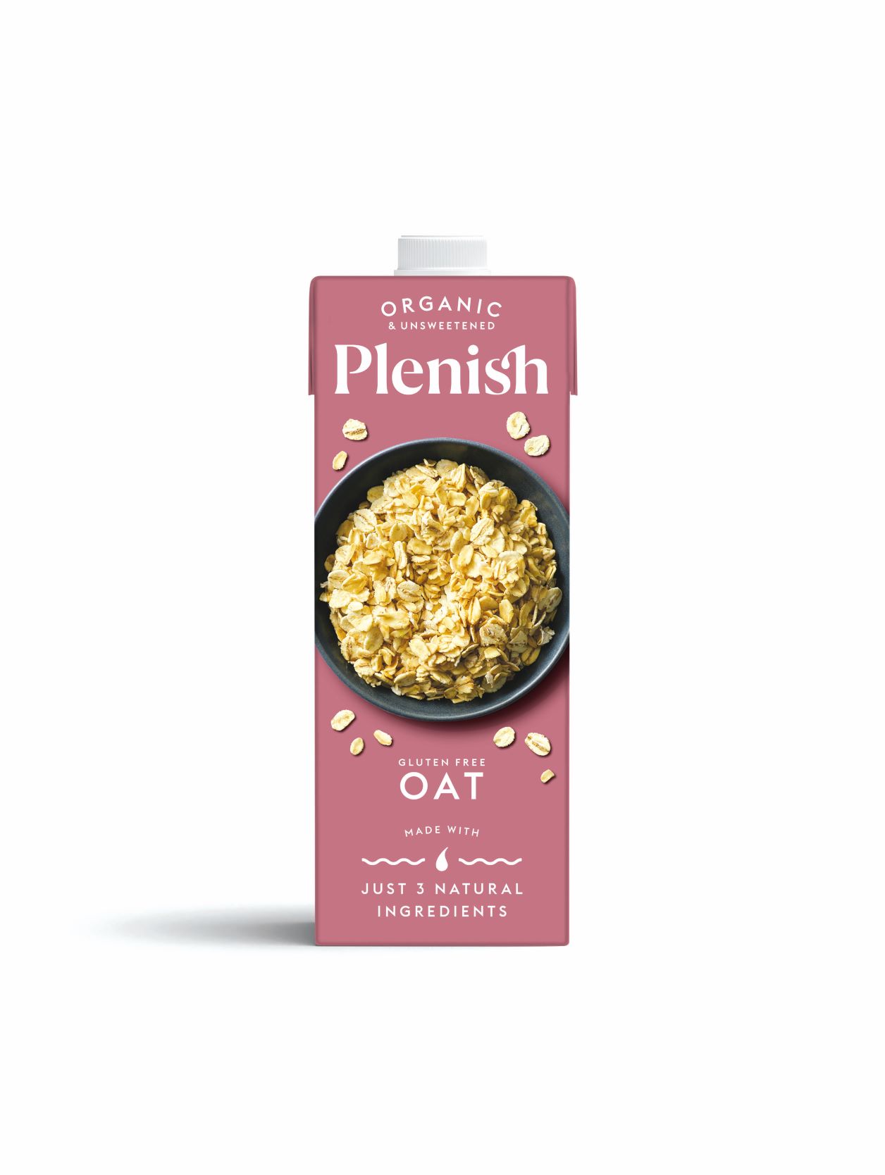 cut out image showing pink carton of plenish natural oat milk