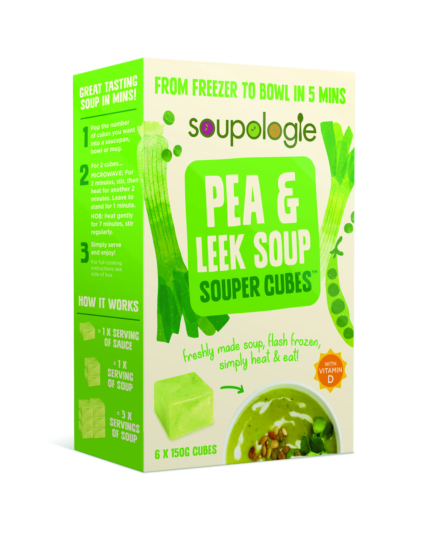 cut out image showing green and white box of pea and leak soup cubes from soupologie