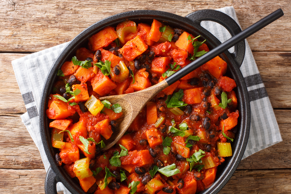 veggie chilli with sweet potato in pot