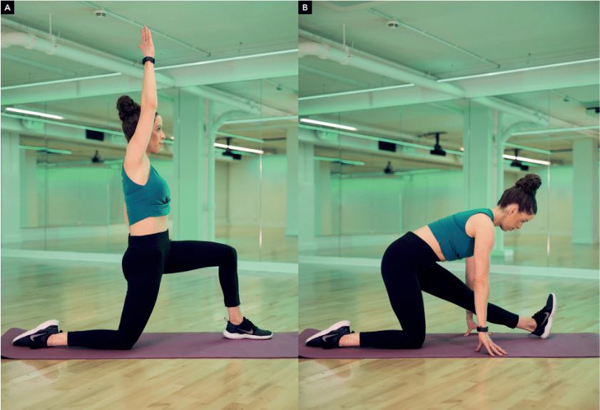 kneeling hip flexor into hamstring stretch active recovery workout sequence 