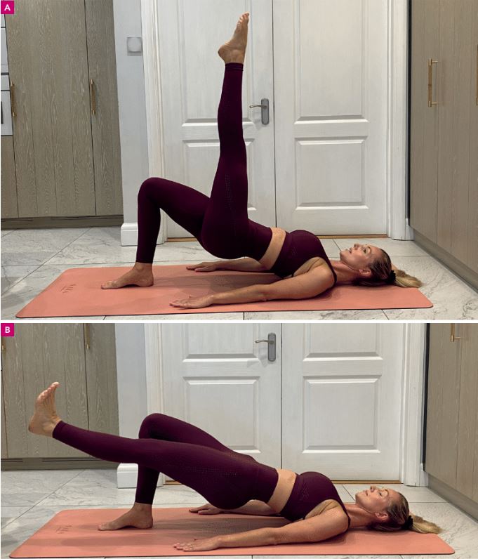 single leg bridge with leg pull demonstration pilates hiit workout