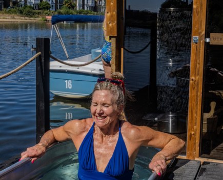 Woman in ice bath